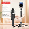 A black 360 degree rotation selfie stick with a smartphone attached, shown next to its specifications.