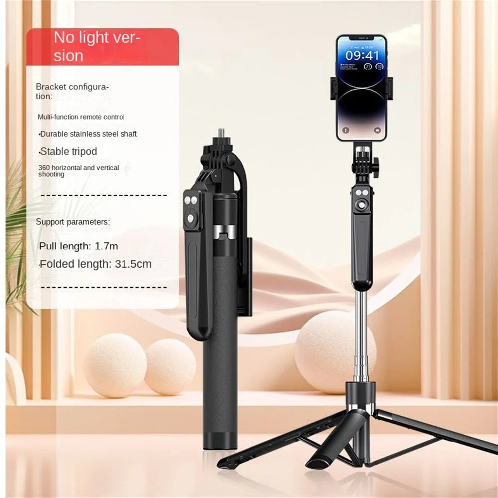 A black 360 degree rotation selfie stick with a smartphone attached, shown next to its specifications.