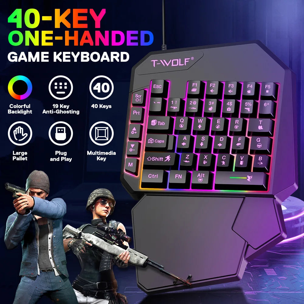 A purple T-VOLF 40-key one-handed game keyboard and mouse combo displayed with a soldier figure.