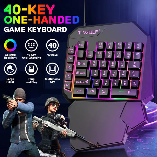 A purple T-VOLF 40-key one-handed game keyboard and mouse combo displayed with a soldier figure.