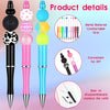 A set of colorful plastic beaded ballpoint pens shown with details on material, grip, DIY convenience, and easy refill replac