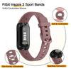 A pink Fitbit Inspire 3 sport band shown with close-ups highlighting its soft silicone material and seamless connection featu