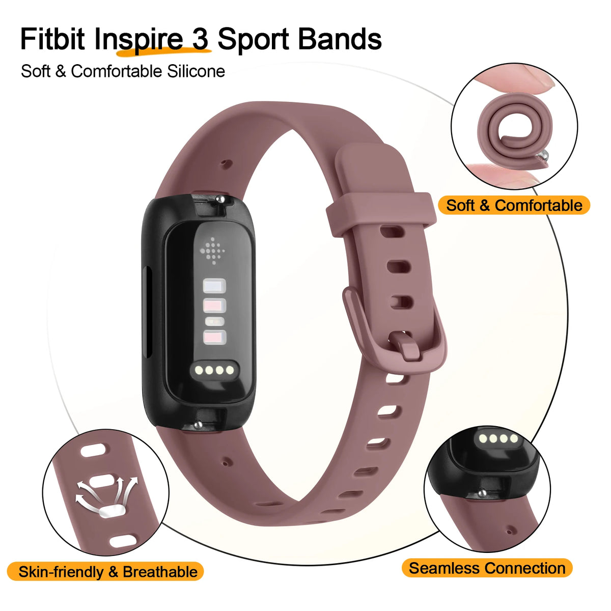 A pink Fitbit Inspire 3 sport band shown with close-ups highlighting its soft silicone material and seamless connection featu