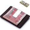 A dark brown card holder displaying a vintage solid brass money clip and a US dollar bill.
