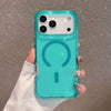 A hand holds a turquoise glitter finish shockproof magnetic case for an iPhone with a cutout design.