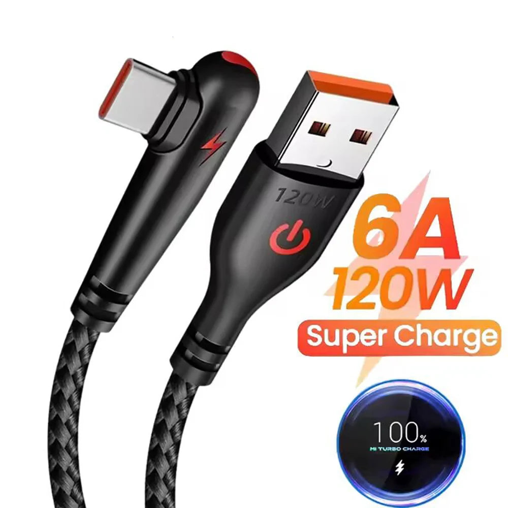 A black braided USB-C to Type-C charging cable with a 120W Super Charge connector.