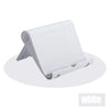A white flexible multi-angle tablet and phone desk stand shown from above.