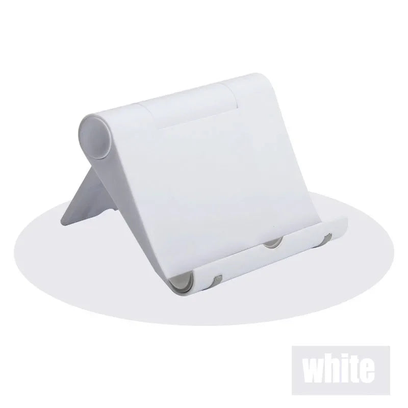 A white flexible multi-angle tablet and phone desk stand shown from above.