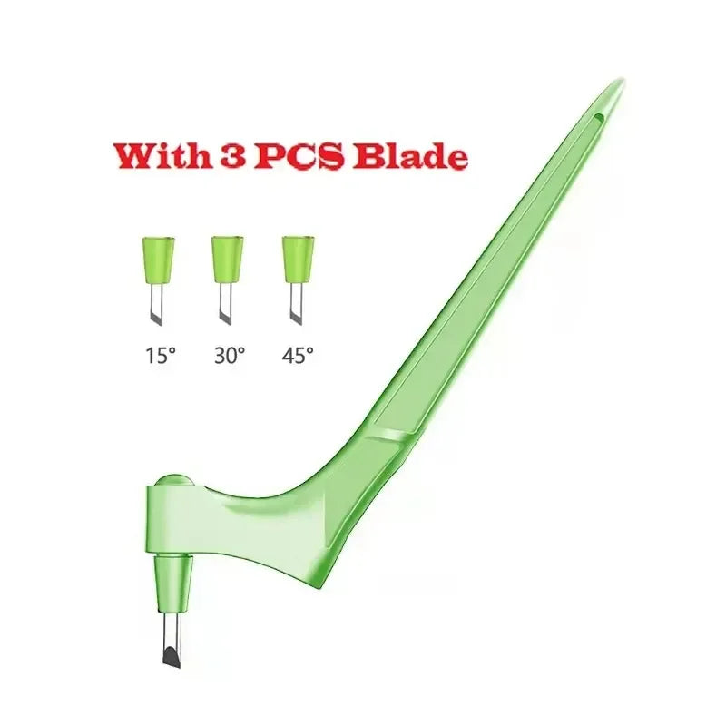 A green 360° rotating steel art cutting tool set with three interchangeable blades at 15°, 30°, and 45° angles.