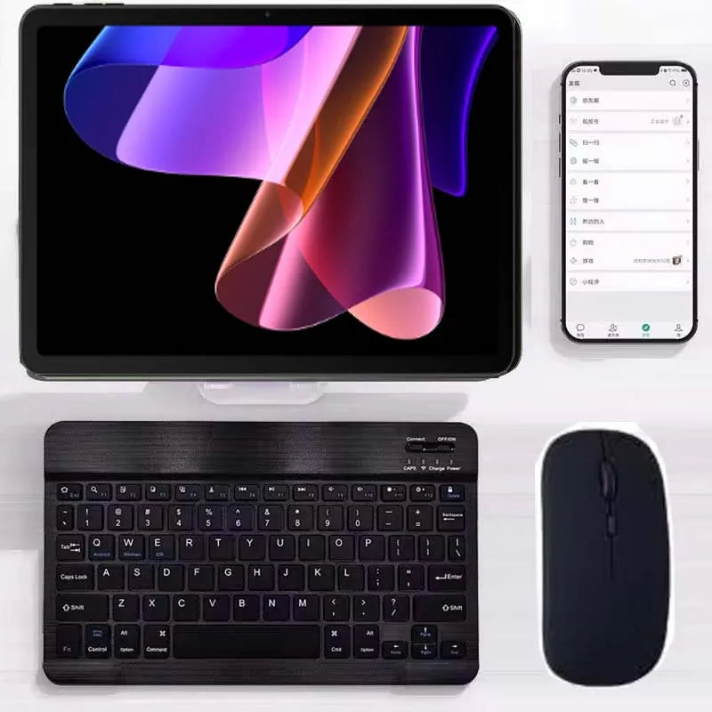 A multi-device Bluetooth keyboard and mouse combo featuring a colorful, abstract design on the display.