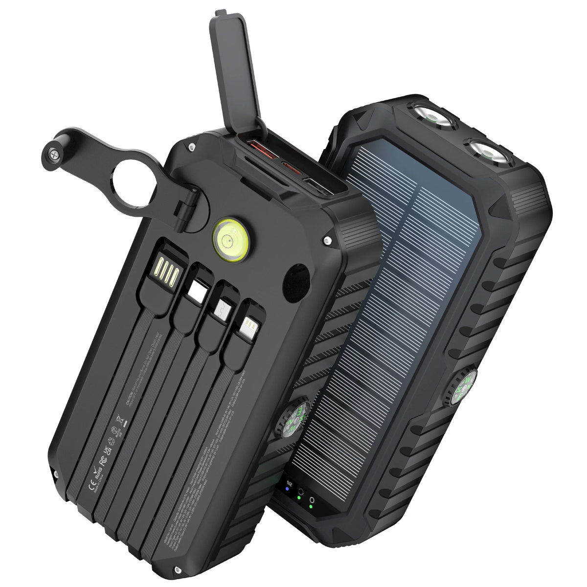 A black 40,000mAh solar power bank with multiple charging cables is shown from above.