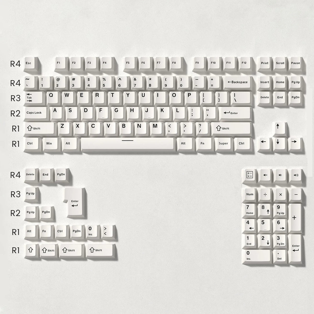 A layout of dark blue PBT keycaps with cherry profile for mechanical keyboards, showing various rows and functions.