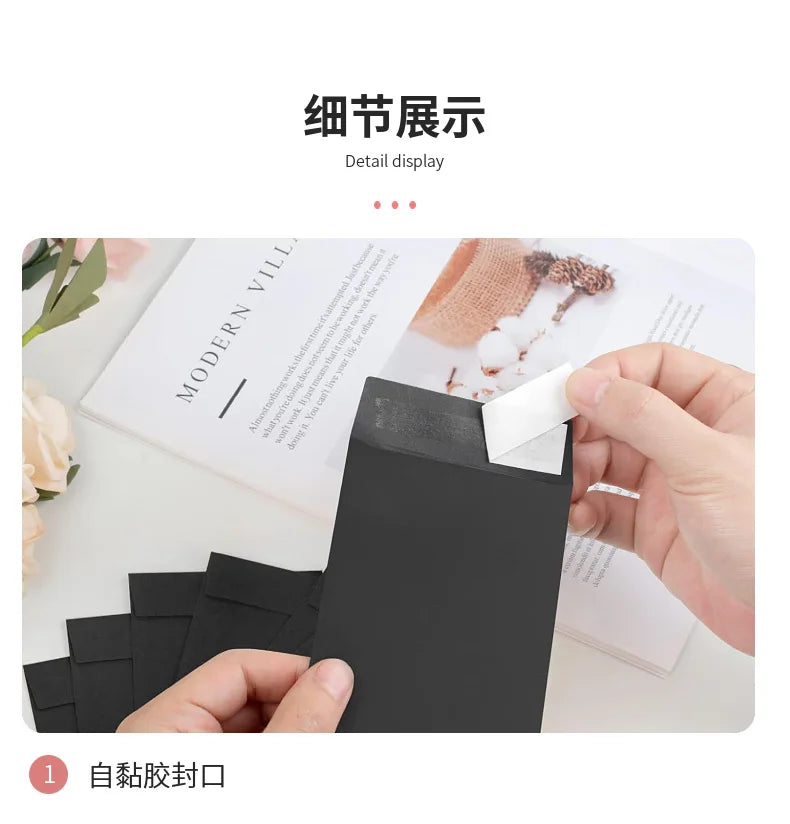 A hand is shown opening a black envelope from a bulk set of kraft envelopes for documents and invitations.