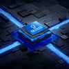 Chip integrado azul GL3223 mostrado en una placa de circuito electrónico oscura y futurista con luz azul brillante