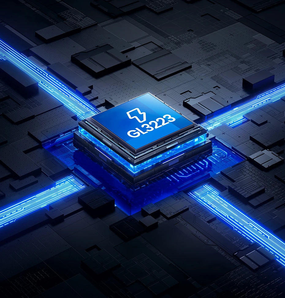 Chip integrado azul GL3223 mostrado en una placa de circuito electrónico oscura y futurista con luz azul brillante