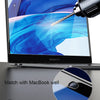 A close-up of a high-hardness PET screen protector being applied to a MacBook Pro display.