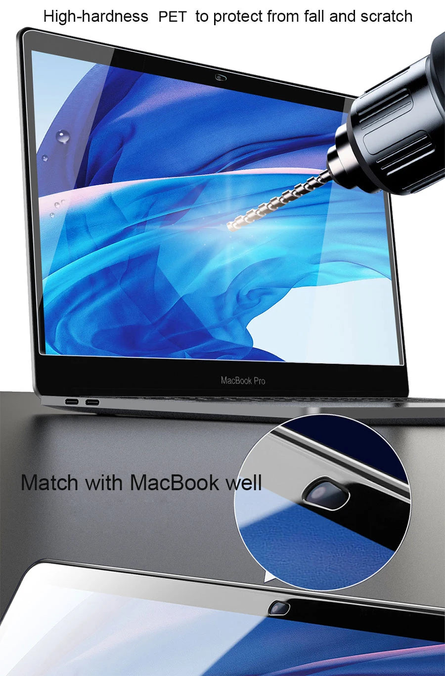 A close-up of a high-hardness PET screen protector being applied to a MacBook Pro display.