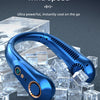 A blue bladeless portable neck fan is shown against a background of ice cubes.