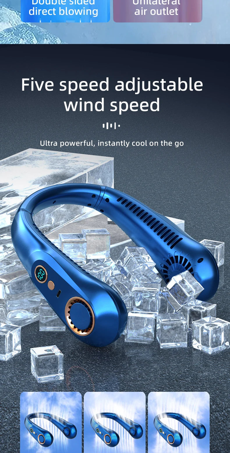 A blue bladeless portable neck fan is shown against a background of ice cubes.