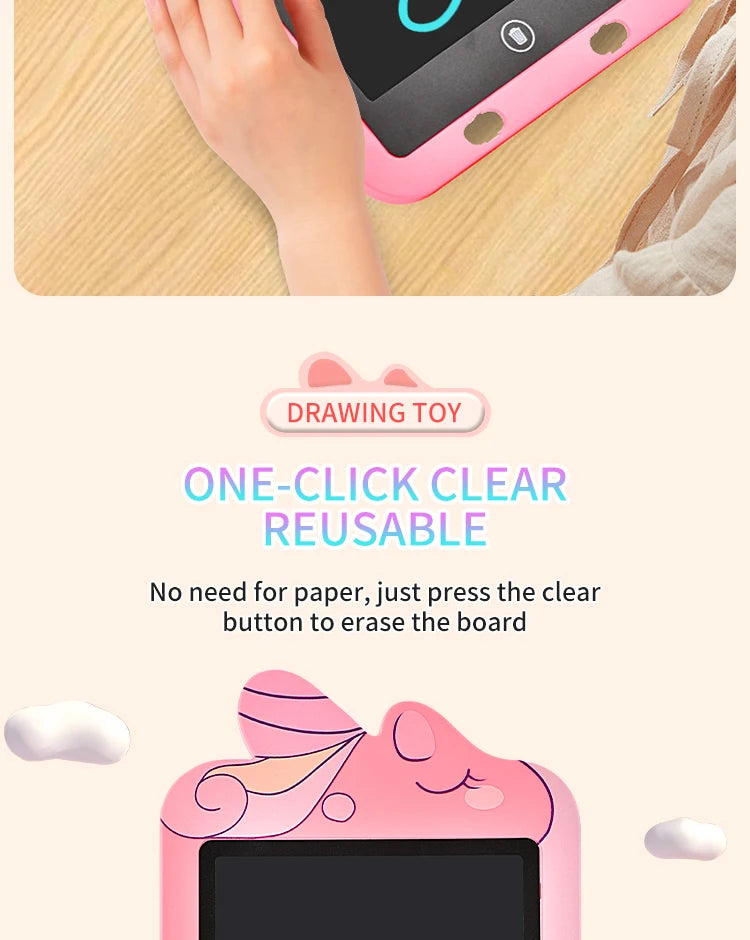 A pink LCD drawing tablet is shown with a hand interacting with the screen on a wooden surface.