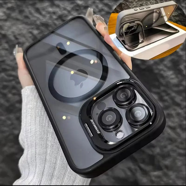 A black magnetic shockproof phone case for an iPhone is shown being held, with a similar case visible in the background.