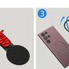 Four steps showing how to easily install a magnetic phone holder for a laptop or monitor.