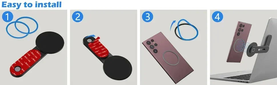Four steps showing how to easily install a magnetic phone holder for a laptop or monitor.
