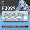 Weiße mechanische Tastatur mit 99-Tastenlayout und blauem Licht, neben einer Anime-Figur.