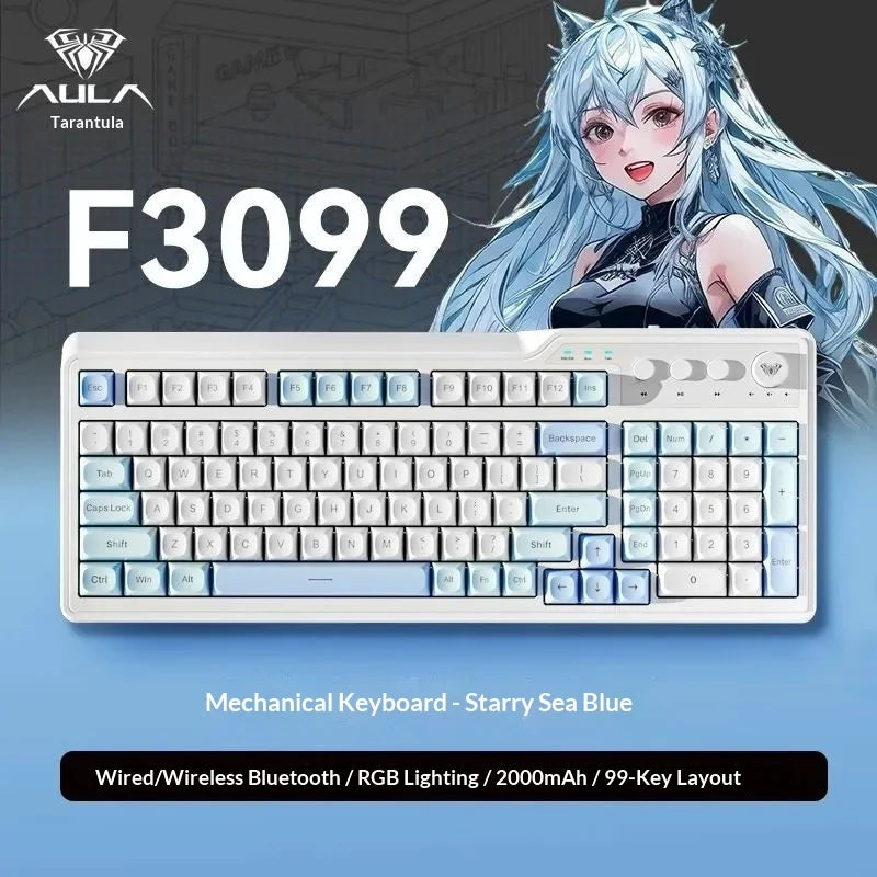 Weiße mechanische Tastatur mit 99-Tastenlayout und blauem Licht, neben einer Anime-Figur.