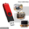 A red and black USB flash drive with a connector, shown alongside compatibility icons for computer, audio, and television set