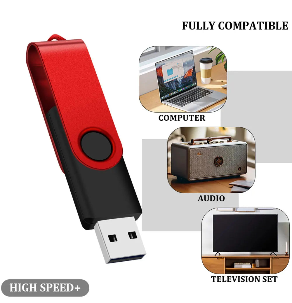 A red and black USB flash drive with a connector, shown alongside compatibility icons for computer, audio, and television set