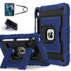 A blue protective case for an Apple iPad is shown with an included charging cable and a separate black accessory.