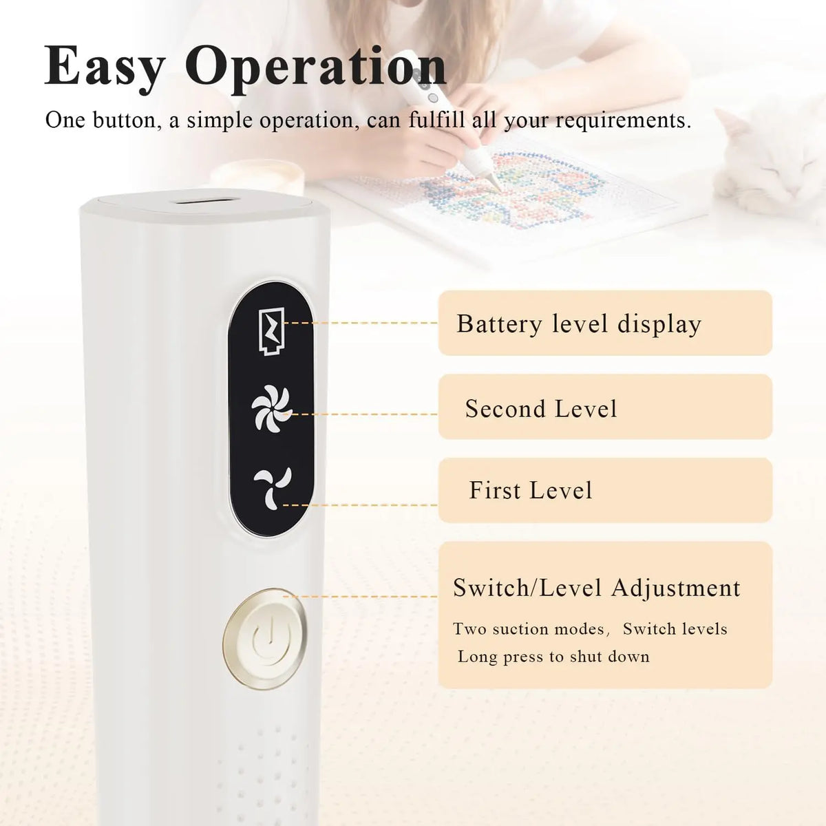A white electric diamond painting pen with a battery level display and switch/level adjustment button.