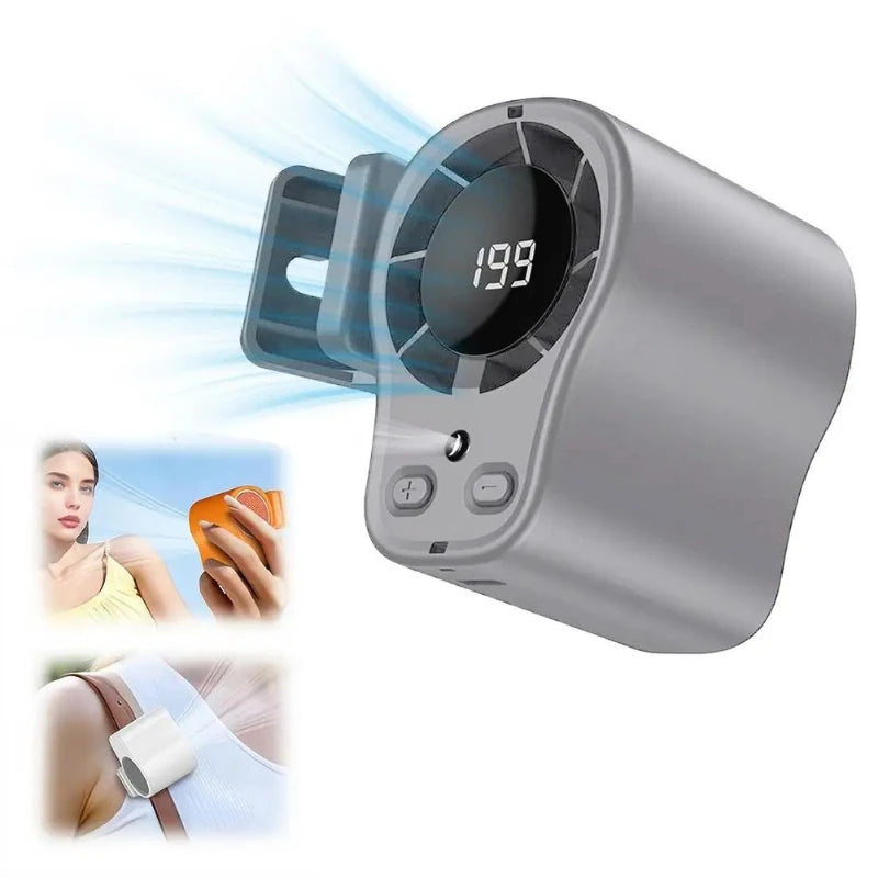 A silver portable clip-on fan with an LED display showing 199, shown alongside usage examples.