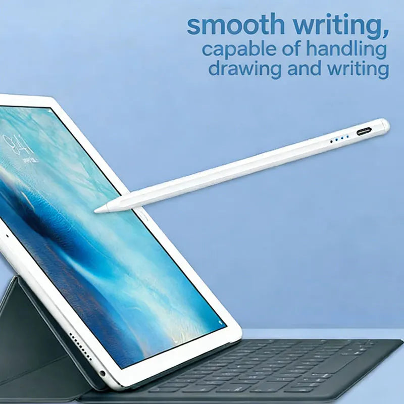 A white precision stylus is shown interacting with an iPad Pro and a laptop keyboard.