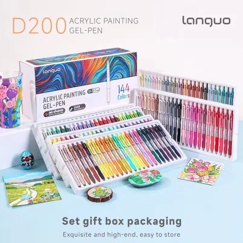 A set of 144 acrylic painting gel pens in various colors packaged in a box and displayed with loose pens.