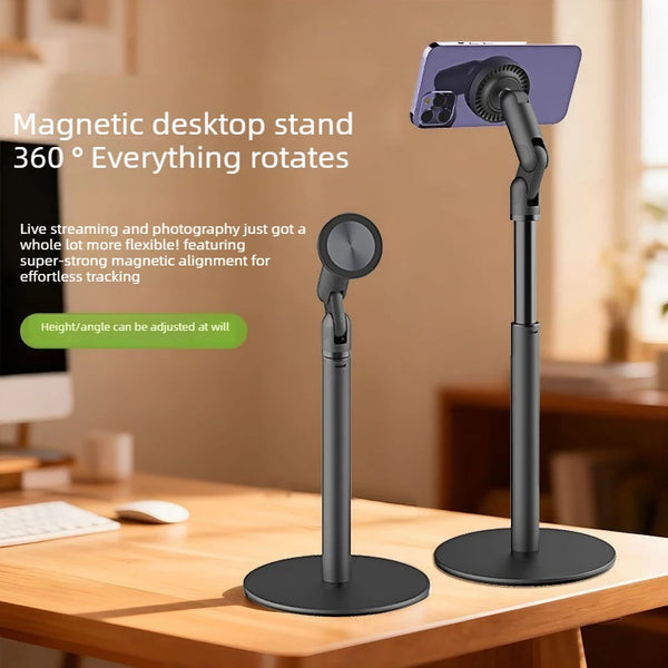 A black magnetic desktop stand for a phone or tablet, featuring a 360-degree rotating mount.