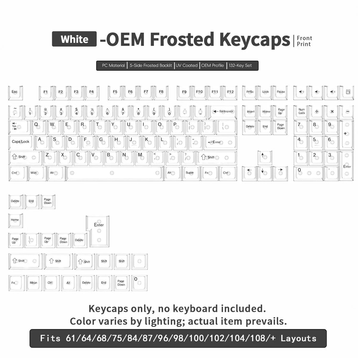 White OEM frosted keycaps for a mechanical keyboard, showing various layouts and profiles.
