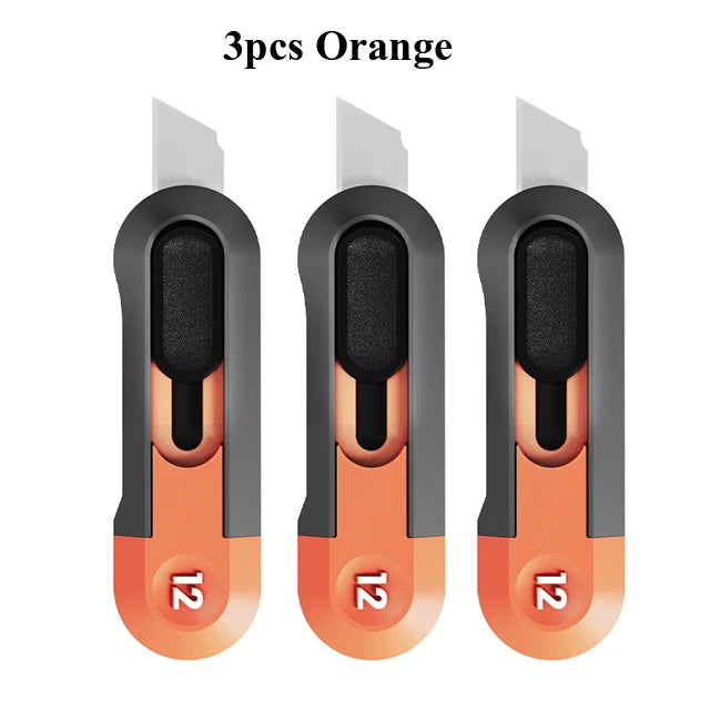 Three orange deli mini pocket knives shown side by side.