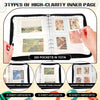 A clear plastic binder organizer showing various types of high-clarity inner pages and pocket configurations.