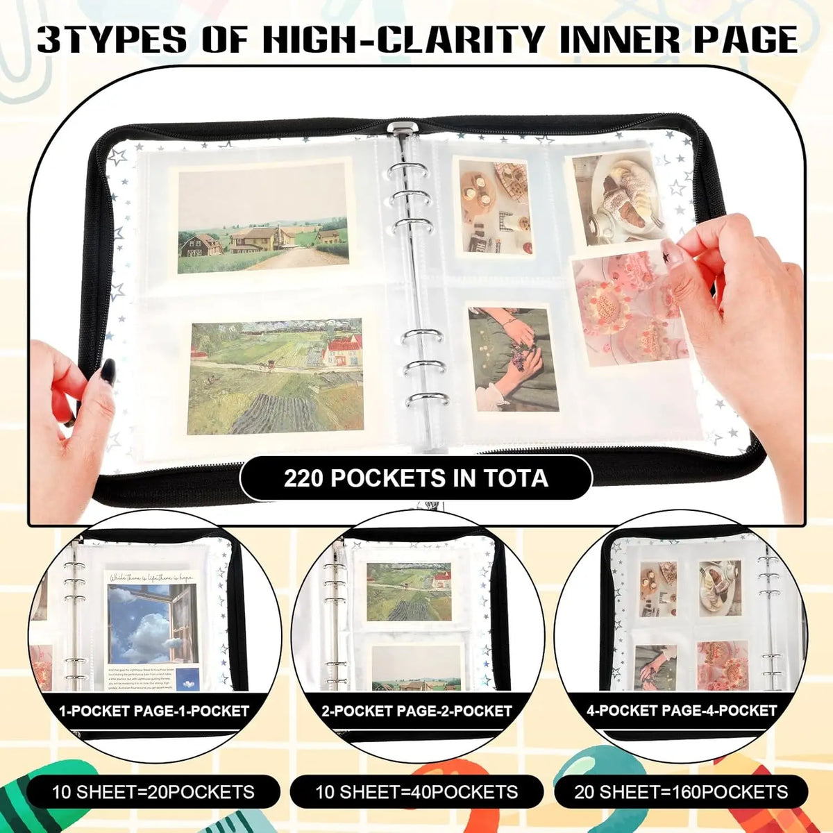 A clear plastic binder organizer showing various types of high-clarity inner pages and pocket configurations.