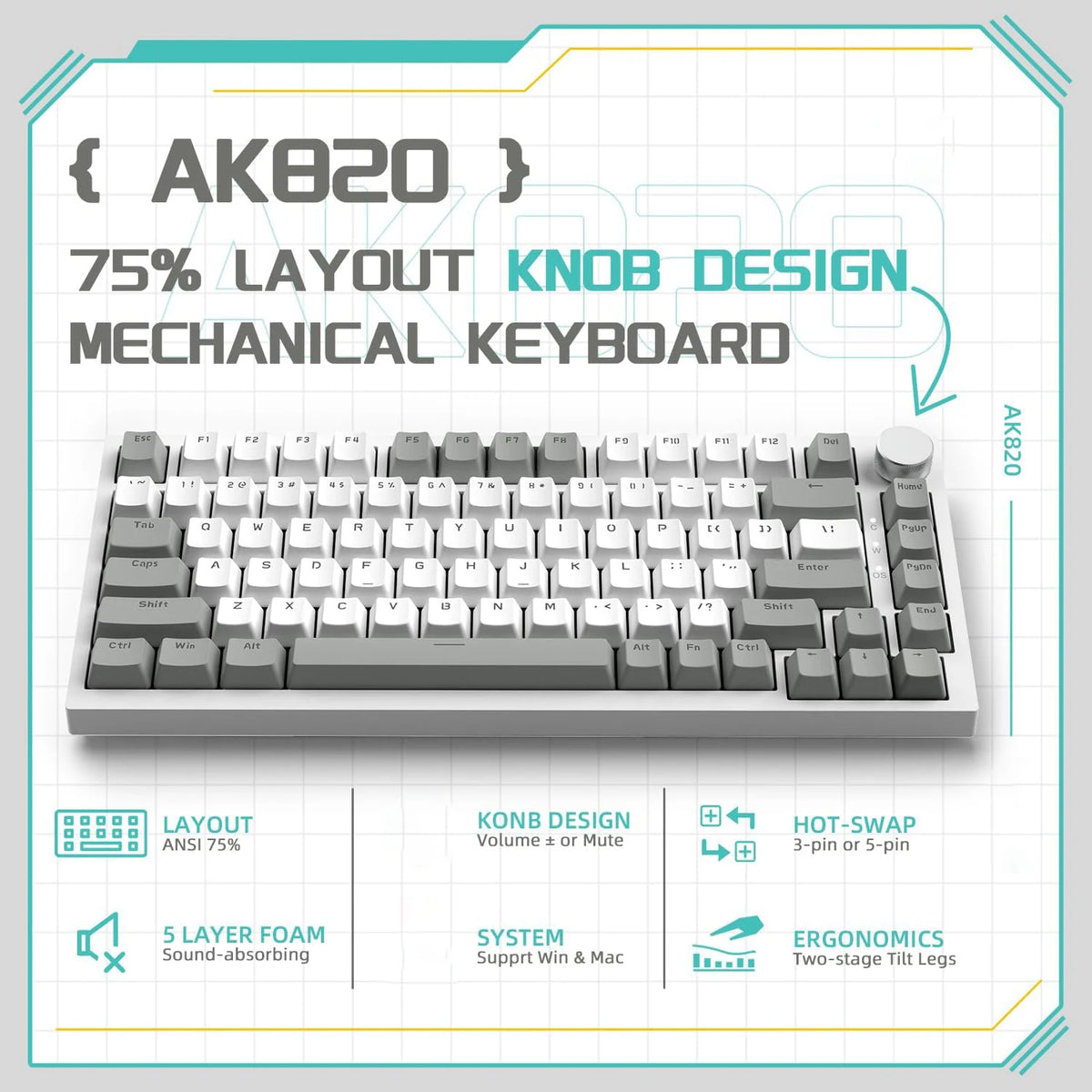 Layout knob design mechanical keyboard featuring a layout of keys and various features like sound-absorbing foam and ergonomi