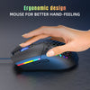 A hand is holding a dark blue optical wired gaming mouse with colorful lighting on a dark surface.