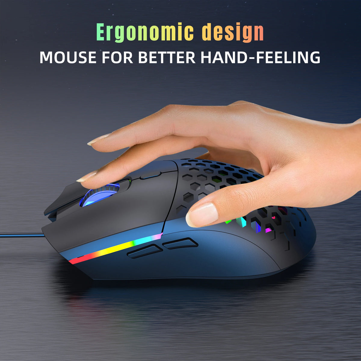 A hand is holding a dark blue optical wired gaming mouse with colorful lighting on a dark surface.