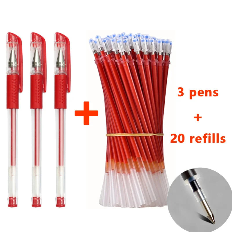 Un set de bolígrafos de gel rojos con 20 recargas y tres plumas individuales.