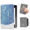 A grey leather case for a Kindle Paperwhite, shown with various angles and features.
