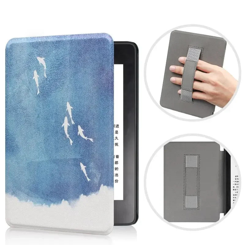 A grey leather case for a Kindle Paperwhite, shown with various angles and features.