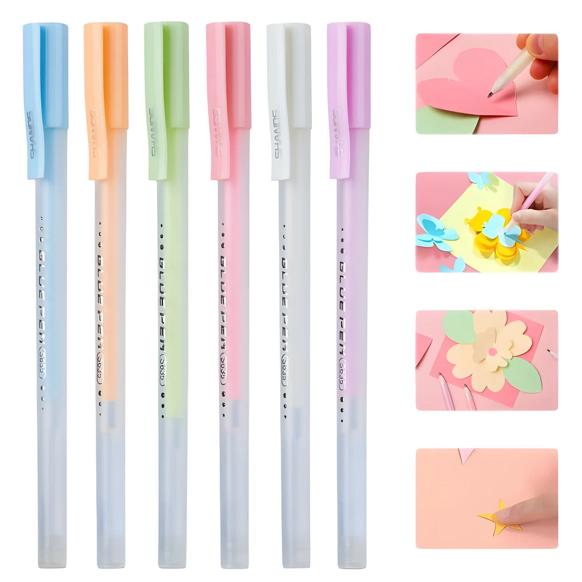 A set of five precision quick-dry spot glue pens in various pastel colors, including blue, orange, green, pink, and purple, s