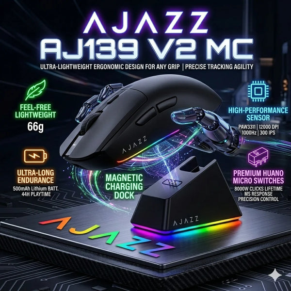 فأرة ألعاب لاسلكية Ajazz AJ139 V2 MC مع قاعدة شحن مغناطيسية وإضاءة RGB