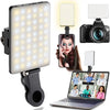 A portable clip-on LED selfie light is shown with various usage examples including a standalone light and mounted on a smartp